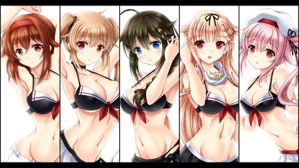 Anime picture 2610x1470 with kantai collection shigure destroyer yuudachi destroyer murasame destroyer harusame destroyer shiratsuyu destroyer amou yuu long hair fringe highres breasts blue eyes light erotic simple background blonde hair hair between eyes red eyes brown hair wide image white background