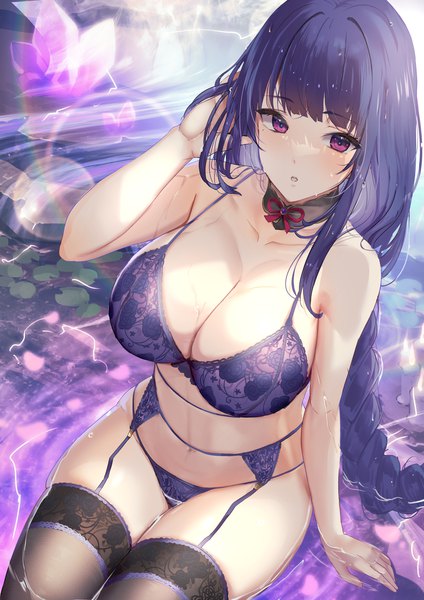 Anime picture 1241x1755 with genshin impact raiden shogun matsumoto mitsuaki single long hair tall image looking at viewer fringe breasts light erotic large breasts purple eyes purple hair braid (braids) parted lips arm up mole arm support wet mole under eye