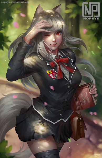 Anime picture 700x1082 with spice and wolf myuri (spice and wolf) nopeys single long hair tall image looking at viewer fringe breasts red eyes standing holding signed animal ears silver hair tail blunt bangs long sleeves parted lips animal tail