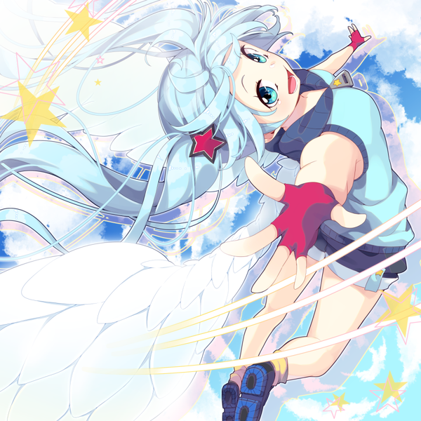 Anime picture 900x900 with project diva f 2nd vocaloid hatsune miku sakuragi ren single long hair open mouth blue eyes twintails blue hair sky cloud (clouds) bent knee (knees) looking back from above happy white wings girl gloves hair ornament