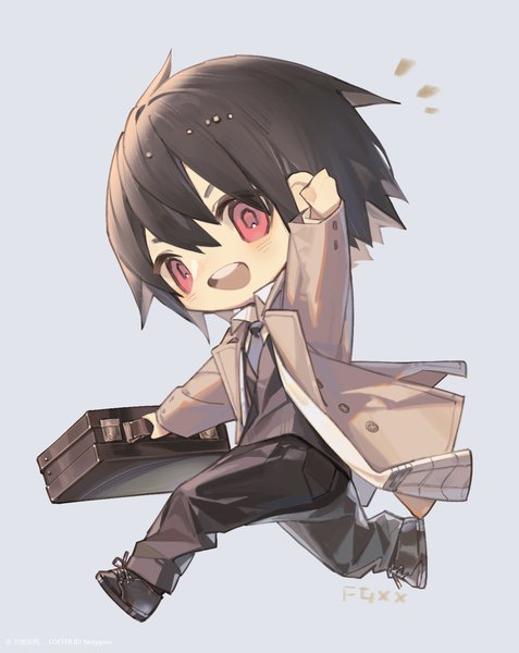 Anime picture 1400x1762 with spy x family yuri briar fangge xx single tall image fringe short hair open mouth black hair simple background hair between eyes red eyes :d teeth chibi boy cloak briefcase