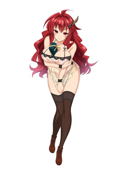 Anime picture 960x1280 with valkyrie drive arms corporation kisaragi setsuna cle masahiro single long hair tall image looking at viewer breasts light erotic simple background red eyes large breasts white background red hair girl thighhighs black thighhighs gift