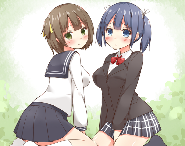 Anime picture 1417x1120 with kantai collection souryuu aircraft carrier hiryuu aircraft carrier chaa (korone-ze) looking at viewer blush fringe short hair blue eyes smile brown hair sitting twintails multiple girls green eyes blue hair pleated skirt alternate costume one side up plaid skirt