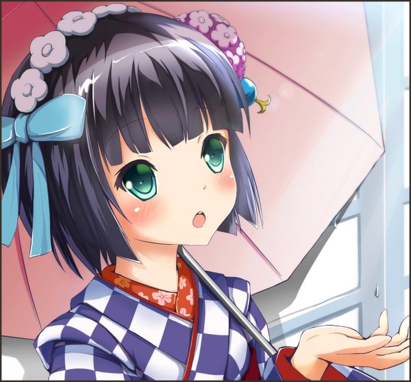 Anime picture 1280x1192 with ikoku meiro no croisee satelight yune (ikoku meiro no croisee) ok-ray blush short hair open mouth black hair green eyes loli girl umbrella
