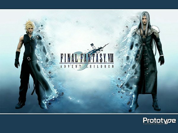 イラスト 1024x768 と ファイナルファンタジーVII アドベントチルドレン ファイナルファンタシー final fantasy vii square enix クラウド・ストライフ セフィロス 長髪 短い髪 金髪 肩出し white hair eyes closed spiked hair 男性 手袋 ベルト ニーブーツ コート trench coat