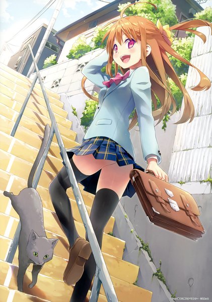 Anime picture 3017x4300 with original eretto single long hair tall image looking at viewer blush fringe highres open mouth light erotic hair between eyes holding absurdres sky cloud (clouds) full body ahoge bent knee (knees) outdoors