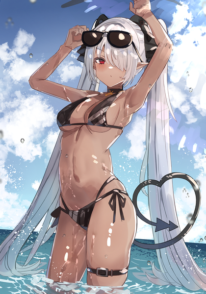 Anime picture 1050x1500 with blue archive iori (blue archive) iori (swimsuit) (blue archive) the olphy single tall image looking at viewer fringe breasts light erotic red eyes twintails sky silver hair cloud (clouds) outdoors tail very long hair pointy ears hair over one eye