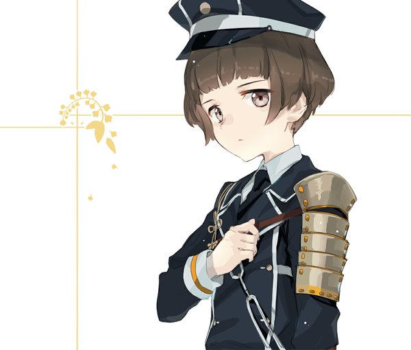 Anime picture 1174x1000 with touken ranbu nitroplus hirano toushirou dakuro single looking at viewer fringe short hair simple background brown hair white background brown eyes military boy uniform armor military uniform peaked cap