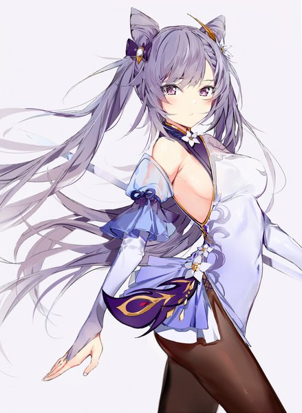 Anime picture 2000x2736 with genshin impact keqing (genshin impact) silver (chenwen) single long hair tall image looking at viewer blush fringe highres breasts light erotic simple background twintails bare shoulders payot purple hair braid (braids) pink eyes hair flower