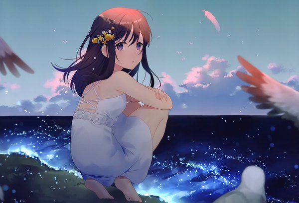 Anime picture 4223x2883 with original achiki single long hair looking at viewer blush fringe highres open mouth hair between eyes brown hair purple eyes absurdres sky cloud (clouds) full body outdoors looking back barefoot from behind