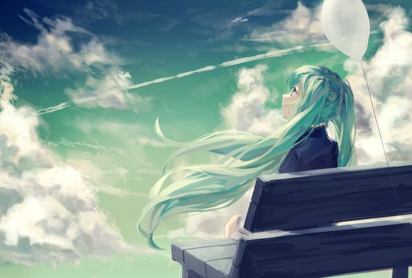 Anime picture 1748x1181 with vocaloid hatsune miku lama-pacos single long hair highres smile sitting twintails looking away sky cloud (clouds) pleated skirt aqua eyes wind from behind aqua hair alternate costume looking up footprints