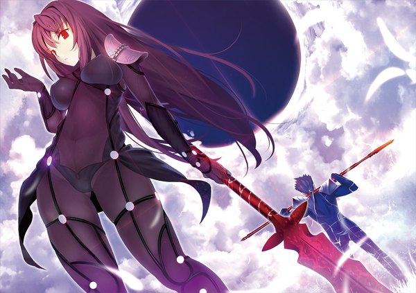 Anime picture 1000x706 with fate (series) fate/grand order scathach (fate) (all) scathach (fate) cu chulainn (fate) machimura komori long hair looking at viewer fringe short hair breasts light erotic hair between eyes red eyes standing holding blue hair sky purple hair cloud (clouds)