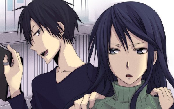 Anime picture 1440x900 with durarara!! brains base (studio) orihara izaya yagiri namie long hair short hair open mouth black hair wide image black eyes girl boy book (books) ring shelf bookshelf