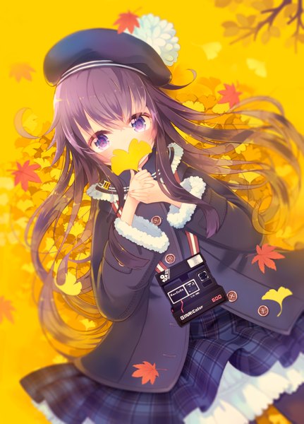 Anime picture 1200x1668 with kantai collection akatsuki destroyer shirayuki ginri single long hair tall image looking at viewer blush purple eyes purple hair lying from above on back plaid skirt covered mouth girl skirt jacket fur leaf (leaves)