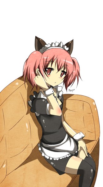 Anime picture 1200x2165 with inu x boku ss david production roromiya karuta ollycrescent single tall image looking at viewer blush short hair white background sitting animal ears pink hair pink eyes maid girl thighhighs black thighhighs headdress maid headdress