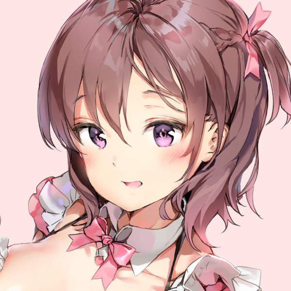 Anime picture 1024x1024 with original anmi single looking at viewer blush fringe short hair breasts open mouth simple background hair between eyes brown hair purple eyes close-up pink background face girl ribbon (ribbons) hair ribbon detached collar