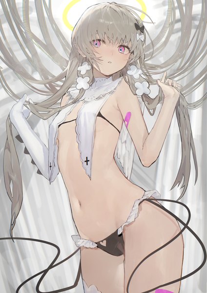 Anime picture 1191x1684 with original yakihoko single long hair tall image blush light erotic standing purple eyes looking away silver hair parted lips arms up flat chest bandaid on arm girl navel lingerie bra halo