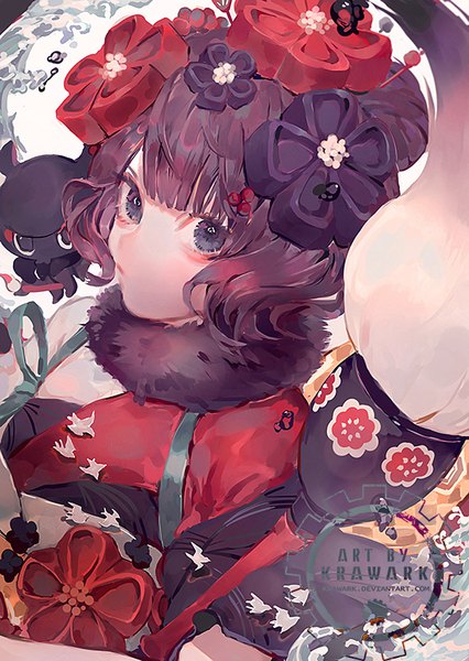 Anime picture 568x800 with fate (series) fate/grand order katsushika hokusai (fate/grand order) tokitarou (fate/grand order) renos single tall image looking at viewer short hair black hair signed upper body traditional clothes japanese clothes black eyes girl hair ornament animal kimono obi