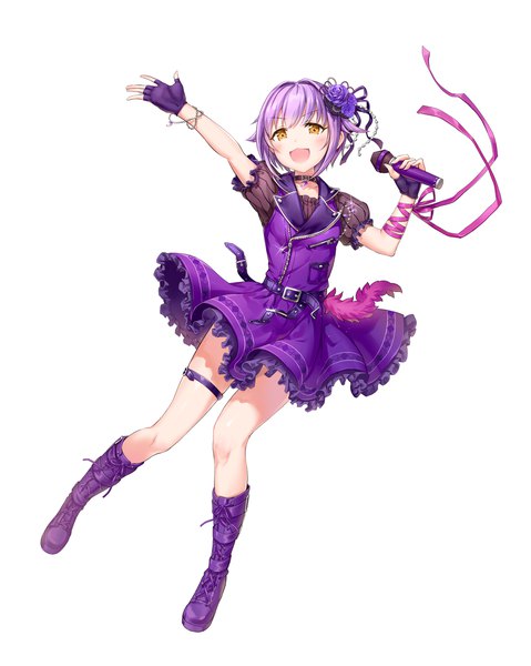 Anime picture 1000x1253 with idolmaster idolmaster cinderella girls idolmaster cinderella girls starlight stage koshimizu sachiko marmoset (marmoset0) single tall image looking at viewer blush short hair open mouth simple background white background yellow eyes purple hair full body :d hair flower puffy sleeves outstretched arm