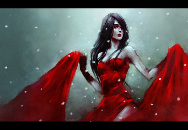 Anime picture 1300x900 with original mara (original character) nanfe single long hair black hair red eyes bare shoulders signed lips letterboxed bloody tears girl dress blood red dress