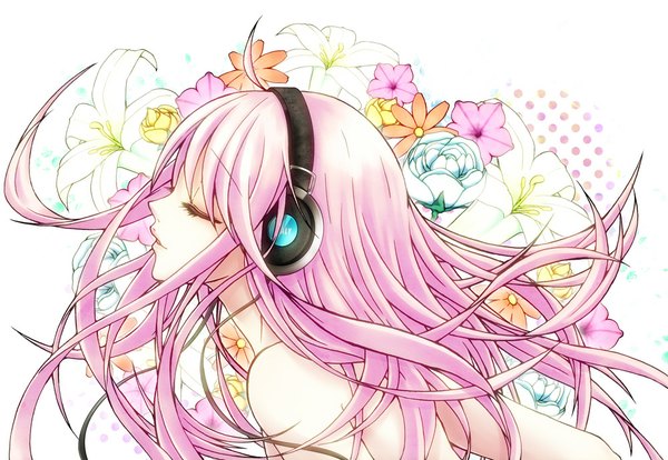 Anime picture 1000x690 with original niduca single long hair bare shoulders pink hair ahoge eyes closed profile wind girl flower (flowers) headphones wire (wires)