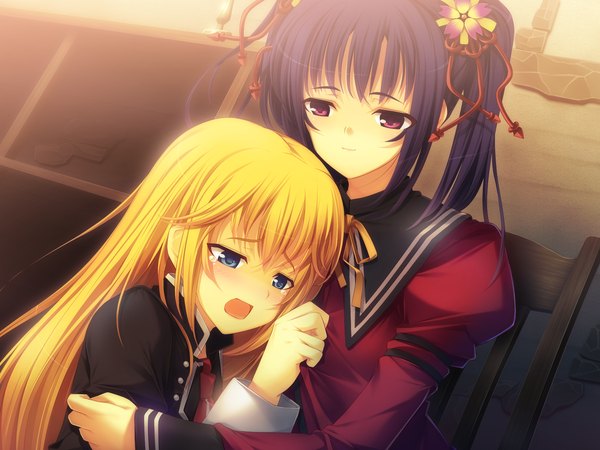 Anime picture 1600x1200 with tenshi no hane wo fumanaide long hair open mouth blue eyes black hair blonde hair red eyes multiple girls game cg tears girl 2 girls
