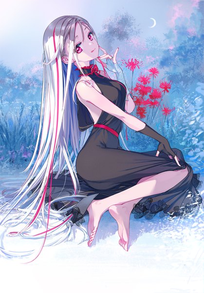 Anime picture 1064x1523 with original tiv single tall image looking at viewer fringe breasts red eyes sitting bare shoulders sky silver hair bent knee (knees) outdoors very long hair nail polish head tilt multicolored hair barefoot arm up