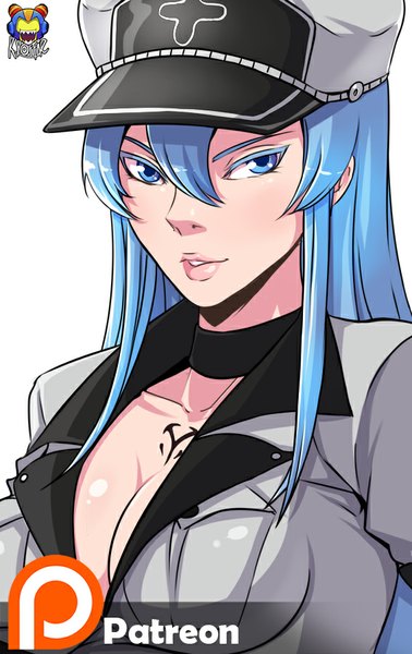 Anime picture 567x900 with akame ga kill! white fox esdeath kyoffie12 single long hair tall image looking at viewer breasts blue eyes light erotic simple background large breasts white background blue hair cleavage tattoo girl flat cap