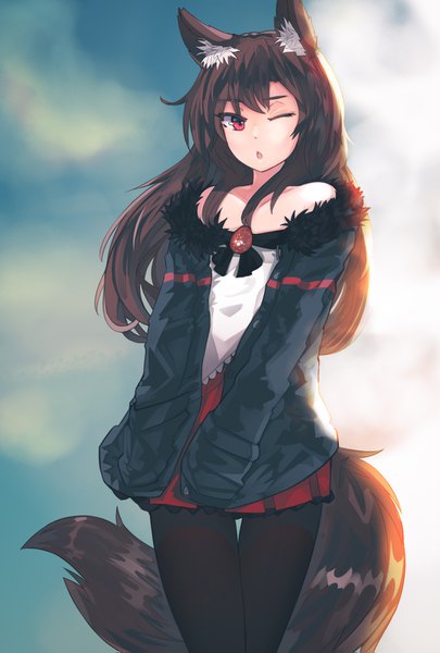 Anime picture 1000x1479 with touhou imaizumi kagerou ehrrr single long hair tall image fringe highres open mouth red eyes brown hair standing bare shoulders animal ears looking away tail animal tail one eye closed wink off shoulder