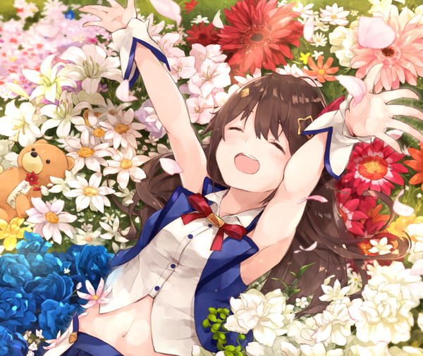 Anime picture 1000x842 with virtual youtuber hololive tokino sora ankimo (tokino sora) kase (kurimuzone oruta) single long hair blush fringe breasts open mouth smile brown hair upper body ahoge lying eyes closed :d open clothes arms up