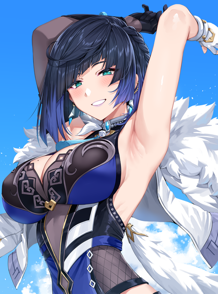 Anime picture 2300x3100 with genshin impact yelan (genshin impact) yakimi 27 single tall image looking at viewer blush fringe highres short hair breasts light erotic smile large breasts green eyes blue hair sky cleavage cloud (clouds) upper body