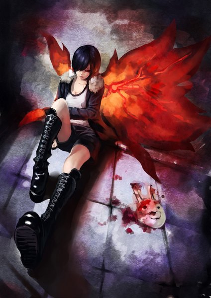 Anime picture 2480x3507 with tokyo ghoul studio pierrot kirishima touka gods single tall image fringe highres short hair breasts black hair red eyes sitting hair over one eye open clothes open jacket expressionless black sclera girl jacket
