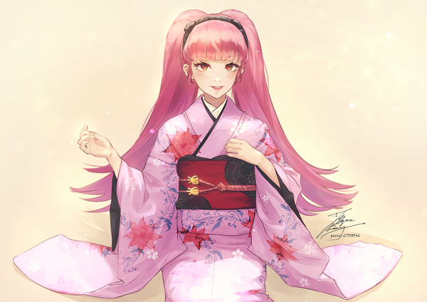 Anime picture 1500x1059 with fire emblem fire emblem: three houses nintendo hilda valentine goneril fadingz single long hair looking at viewer blush fringe simple background sitting twintails signed pink hair blunt bangs traditional clothes parted lips japanese clothes arm up