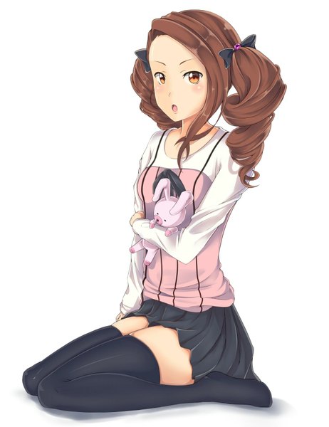 Anime picture 1231x1600 with idolmaster minase iori togariya single long hair tall image blush open mouth simple background red eyes brown hair white background sitting twintails drill hair girl thighhighs skirt black thighhighs miniskirt