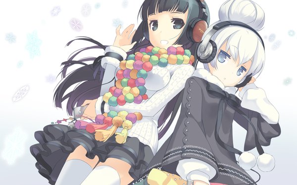Anime picture 1920x1200 with tagme (copyright) tagme (character) h2so4 long hair highres blue eyes black hair wide image white background multiple girls white hair black eyes girl thighhighs skirt 2 girls headphones