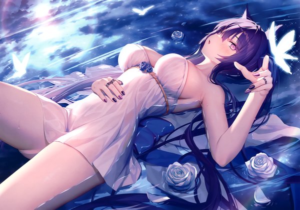 Anime picture 3045x2137 with original mintoaisu single looking at viewer blush fringe highres breasts open mouth light erotic hair between eyes large breasts purple eyes animal ears absurdres purple hair lying very long hair nail polish fingernails