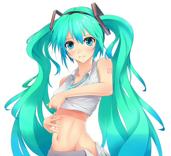 Anime picture 1113x1018 with vocaloid hatsune miku masurao (6922) single looking at viewer blush light erotic simple background white background twintails bare shoulders very long hair aqua eyes aqua hair midriff girl navel hair ornament