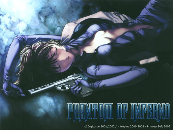 Anime picture 1600x1200 with phantom of inferno nitroplus ein (phantom) light erotic cleavage open clothes no bra open shirt wallpaper girl gun bodysuit