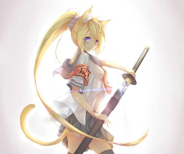 Anime picture 2500x2100 with original yue chi single long hair looking at viewer highres blue eyes light erotic blonde hair white background animal ears ponytail tail animal tail cat ears cat tail girl skirt uniform weapon