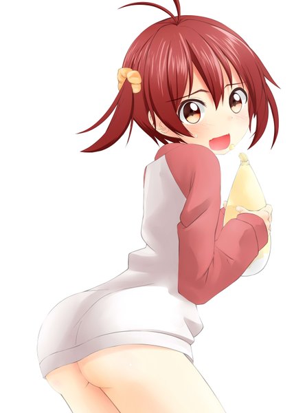 Anime picture 1118x1566 with vividred operation isshiki akane nekobaka single tall image blush short hair open mouth light erotic simple background white background brown eyes ass red hair girl