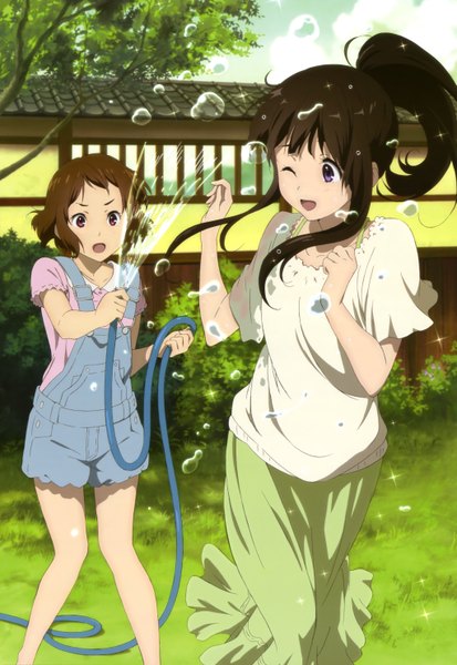 Anime picture 4084x5927 with hyouka kyoto animation nyantype chitanda eru ibara mayaka long hair tall image highres short hair open mouth black hair brown hair purple eyes multiple girls absurdres ponytail one eye closed wink scan official art