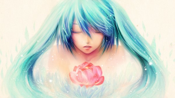 イラスト 1920x1080 と ボーカロイド 初音ミク ソロ 長髪 前髪 highres hair between eyes wide image 白背景 ツインテール 肩出し eyes closed parted lips 壁紙 女の子 花 lotus