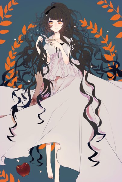 Anime picture 3077x4552 with original takanashi kirara single tall image highres black hair absurdres nail polish barefoot orange eyes hairdressing cutting hair girl ribbon (ribbons) blood fruit apple scissors