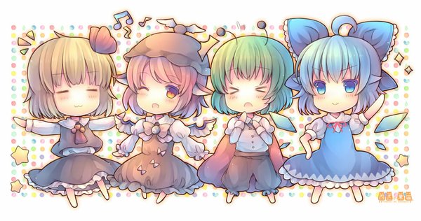 Anime picture 1000x528 with touhou cirno rumia mystia lorelei wriggle nightbug pjrmhm coa blush short hair open mouth blue eyes blonde hair red eyes wide image multiple girls ahoge red hair eyes closed one eye closed barefoot green hair