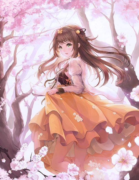 Anime picture 1052x1362 with girls frontline k-2 (girls frontline) pistachiocream single long hair tall image looking at viewer blush fringe breasts open mouth smile brown hair standing holding green eyes payot outdoors braid (braids) long sleeves