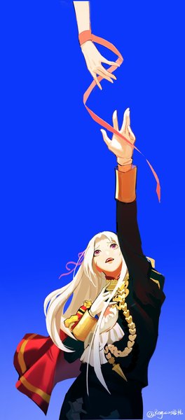 Anime picture 902x2048 with fire emblem fire emblem: three houses nintendo edelgard von hresvelg regasus long hair tall image open mouth simple background standing purple eyes multiple girls signed white hair long sleeves arm up twitter username looking up girl gloves