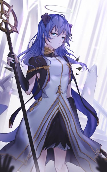 Anime picture 1000x1600 with arknights mostima (arknights) mostima (spellbreaker) (arknights) haku wi single long hair tall image looking at viewer fringe blue eyes hair between eyes standing blue hair horn (horns) official alternate costume girl dress gloves black gloves elbow gloves