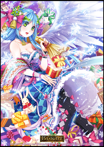Anime picture 710x994 with magic knight armageddon zenithomocha single long hair tall image open mouth smile bare shoulders green eyes blue hair inscription angel wings girl thighhighs bow ribbon (ribbons) hair bow animal wings boots