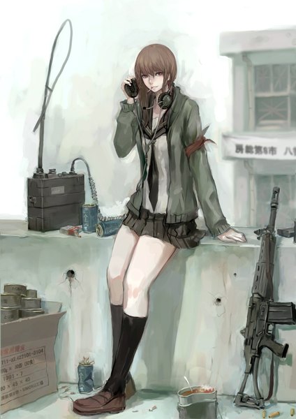 Anime picture 1229x1738 with original jittsu single long hair tall image looking at viewer fringe breasts smile brown hair holding brown eyes open clothes arm support open jacket shadow mouth hold girl skirt uniform