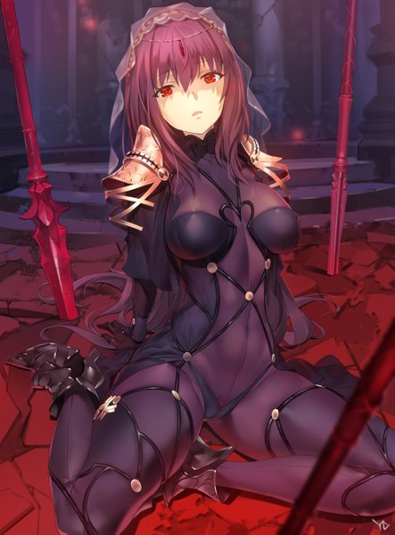 Anime picture 1974x2669 with fate (series) fate/grand order scathach (fate) (all) scathach (fate) yd (orange maru) single long hair tall image looking at viewer highres breasts light erotic red eyes purple hair girl dress hair ornament weapon black dress
